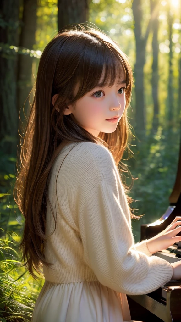 Ghibli style image 1 girl, High resolution, Brown Hair, Sparkle Effect, Backlight, Highest quality, In the woods、play piano