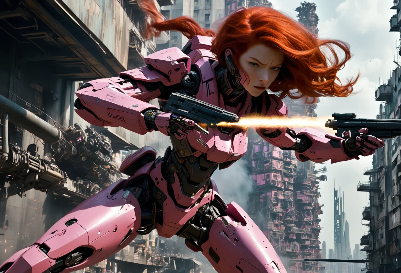 A cinematic film still of a redhead in a pink-powered armor suit, shooting at a towering, menacing black mecha. The heroine's armor is adorned with intricate designs and a retractable shroud, revealing her determination and strength. The background is a dystopian cityscape, with buildings crumbling and people caught in the crossfire. The atmosphere is a blend of action, sci-fi, and a touch of drama.