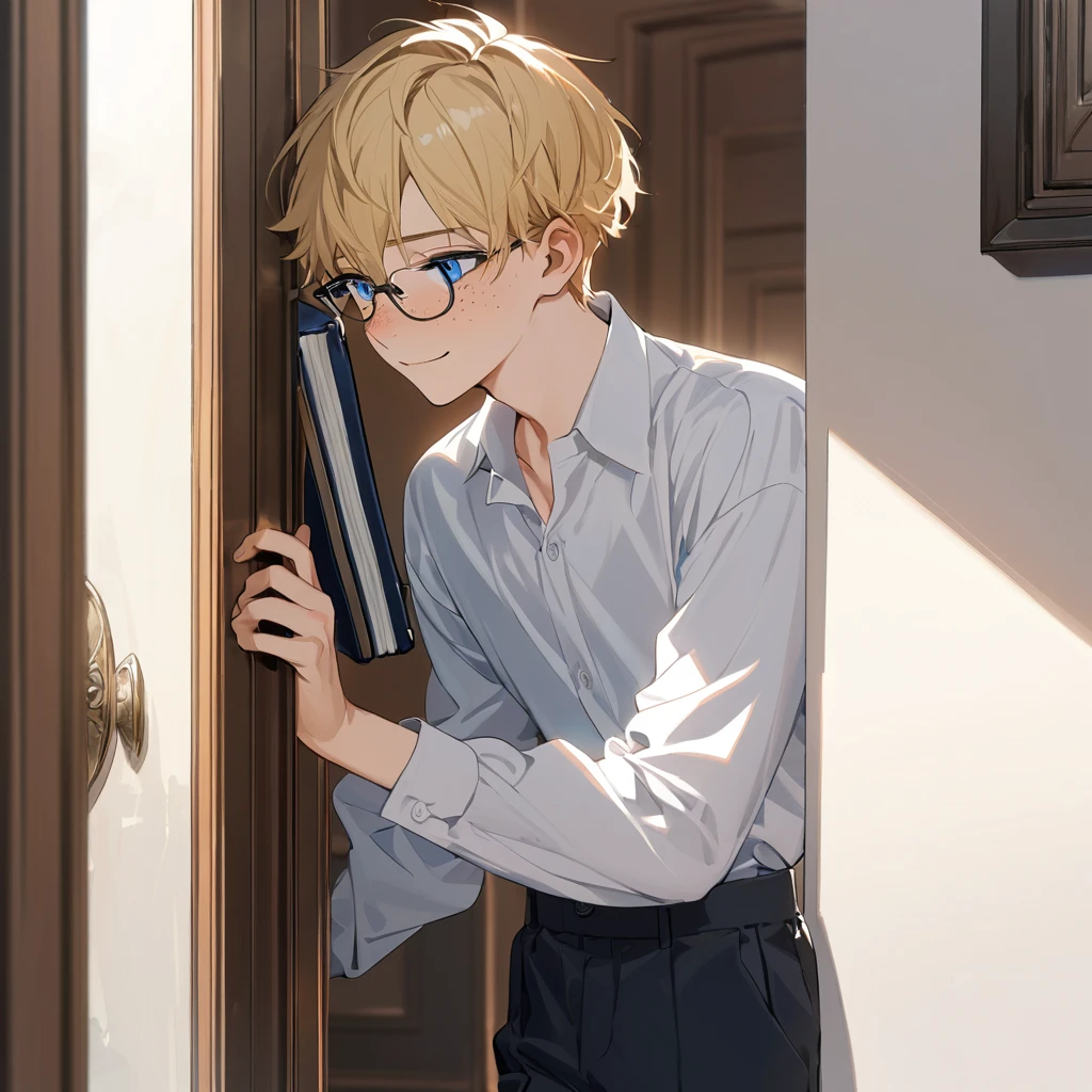 1 boy, solo, twink, younger male, 18 years old, freckles, blue eyes, blonde, glasses, shy smile, white shirt, holding a bible, dress pants, fancy shoes, in front of a door, exterior, detailed face, detailed body, detailed image, girly, close up to face