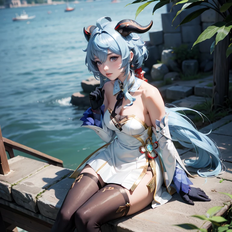 1girl, maid dress, jewelry, blue hair, flowing hair, long hair, white roses, red horns, firefly, oriental architecture, chinese maid dress with a short skirt and layers, frills, white laces, dress with transparency, gold details on her clothes, lake, seat on the water, a garden with lake scenery, more details, perfectly body, perfectly hands, two hands, two legs, two arms, five fingers, glowing hair, solo, alone, best quality, alone, chinesevmaid headdress, choker, detached sleeves, maid dress, strapless, masterpiece, best quality, detailed face, night, asymmetrical gloves, bangs, short skirt , gloves, boots, earrings, elbow gloves, fishnet thigh highs, fish masterpiece, solo, best quality, detailed face, gloves, hair between eyes, jewelry, long hair, looking at viewer, single earring, sky, solo, thigh boots, thigh highs, uneven gloves, sitting
