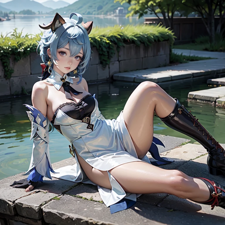 1girl, maid dress, jewelry, blue hair, flowing hair, long hair, white roses, red horns, firefly, oriental architecture, chinese maid dress with a short skirt and layers, frills, white laces, dress with transparency, gold details on her clothes, lake, seat on the water, a garden with lake scenery, more details, perfectly body, perfectly hands, two hands, two legs, two arms, five fingers, glowing hair, solo, alone, best quality, alone, chinesevmaid headdress, choker, detached sleeves, maid dress, strapless, masterpiece, best quality, detailed face, night, asymmetrical gloves, bangs, short skirt , gloves, boots, earrings, elbow gloves, fishnet thigh highs, fish masterpiece, solo, best quality, detailed face, gloves, hair between eyes, jewelry, long hair, looking at viewer, single earring, sky, solo, thigh boots, thigh highs, uneven gloves, sitting