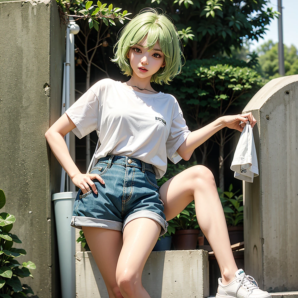 Kizi, short green hair, baggy shorts, white blouse