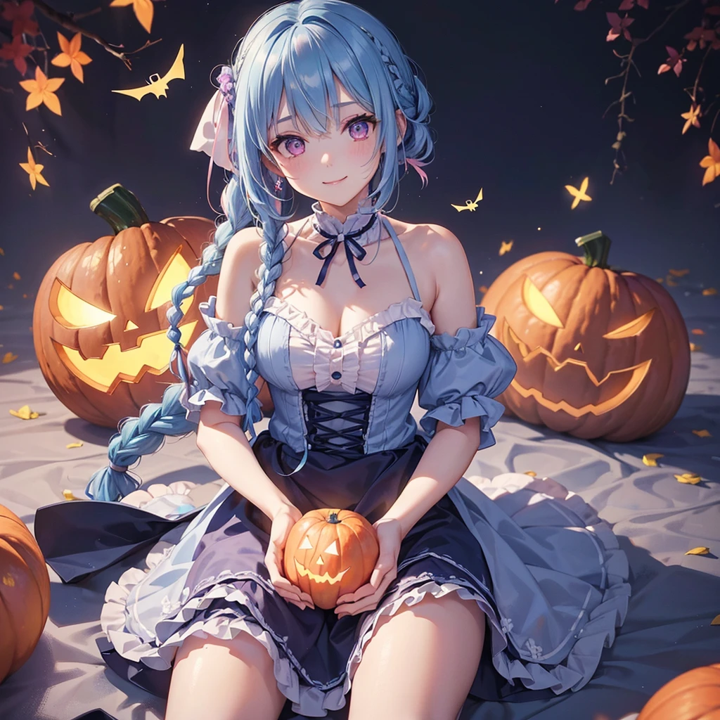 (Light blue medium hair),(Braided hair tied together)、Pink eyes、Fair skin、cowboy shot、Halloween、The background is a pumpkin ghost、Trick or Treat、A lot of sweets、witch、Halloween night party、Candy、A surprising smile、solo、(masterpiece、Highest quality、Very detailed、Best Shadow)、(Detailed Background)、(Beautifully detailed face)、High contrast、(Best lighting、Very delicate and beautiful)、(Cinematic Light)、colorful、Hyper Detail、Dramatic Light、Exquisite detail、