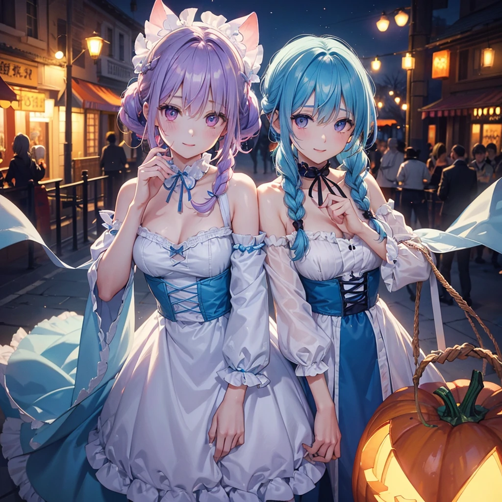 (Light blue medium hair),(Braided hair tied together)、Pink eyes、Fair skin、cowboy shot、Halloween、The background is a pumpkin ghost、Trick or Treat、A lot of sweets、witch、Halloween night party、Candy、A surprising smile、solo、(masterpiece、Highest quality、Very detailed、Best Shadow)、(Detailed Background)、(Beautifully detailed face)、High contrast、(Best lighting、Very delicate and beautiful)、(Cinematic Light)、colorful、Hyper Detail、Dramatic Light、Exquisite detail、