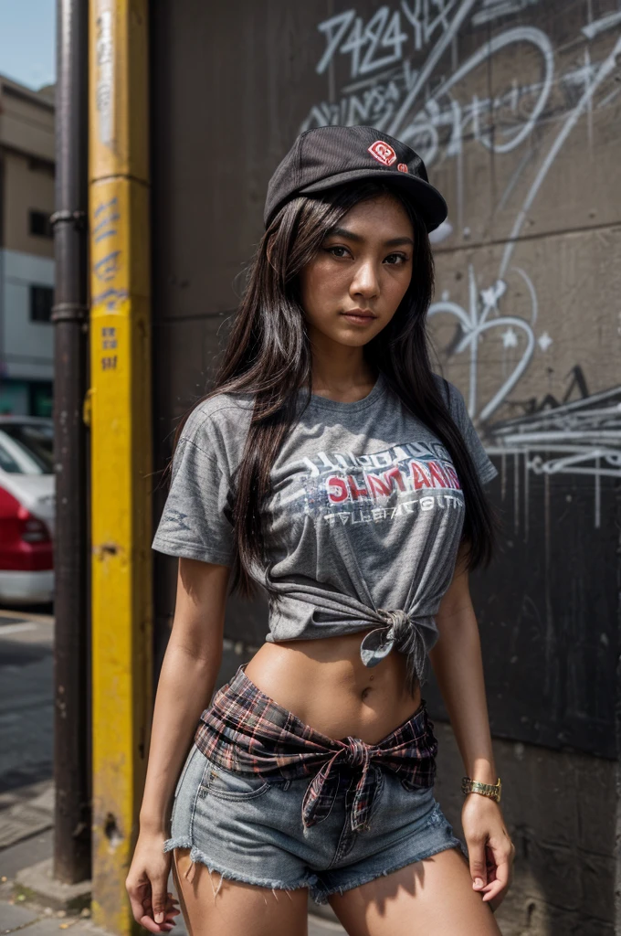 [[((young attractive Singaporean woman with strong Chinese Asian influence, a brown tanned complexion, long straight dark black hair, striking almond-shaped dark brown eyes, and a  frame:1.6)), ((Sophie Tan:1.5)), standing confidently against a vibrant graffiti wall in a trendy street style outfit. She is wearing ((a casual gray t-shirt, black shorts, and a black cap worn backward, with a plaid shirt tied around her waist:1.4)). The background features colorful, detailed graffiti art. The scene is captured with a ((full-frame DSLR:1.4)) using a ((24-70mm zoom lens:1.4)) to keep Sophie in sharp focus while slightly blurring the background. Professional lighting enhances her natural features and the vibrant graffiti. The image should be in ((8K resolution:1.5)) with ((hyper-realistic detail:1.6)). The focus is on Sophie’s stylish outfit and the dynamic graffiti wall behind her.]]