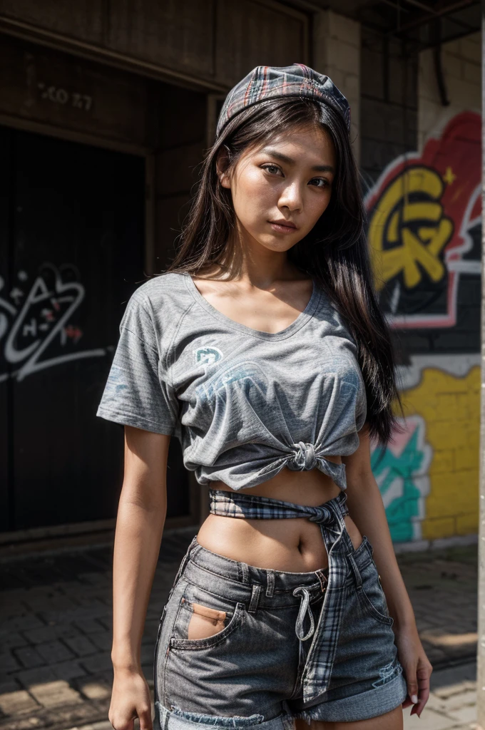 [[((young attractive Singaporean woman with strong Chinese Asian influence, a brown tanned complexion, long straight dark black hair, striking almond-shaped dark brown eyes, and a  frame:1.6)), ((Sophie Tan:1.5)), standing confidently against a vibrant graffiti wall in a trendy street style outfit. She is wearing ((a casual gray t-shirt, black shorts, and a black cap worn backward, with a plaid shirt tied around her waist:1.4)). The background features colorful, detailed graffiti art. The scene is captured with a ((full-frame DSLR:1.4)) using a ((24-70mm zoom lens:1.4)) to keep Sophie in sharp focus while slightly blurring the background. Professional lighting enhances her natural features and the vibrant graffiti. The image should be in ((8K resolution:1.5)) with ((hyper-realistic detail:1.6)). The focus is on Sophie’s stylish outfit and the dynamic graffiti wall behind her.]]