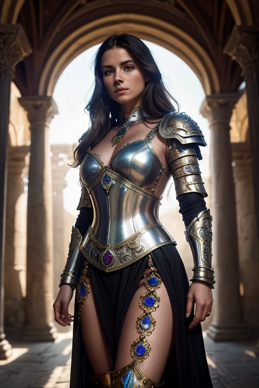 a beautiful wite woman wearing a medieval armor adorned with precious gems, full body, realistic, cinematic lighting, hyper detailed, 8k, photorealistic, volumetric fog, dramatic shadows, intricate metalwork, ornate armor design, glowing gemstones, lush environment, ancient ruins, golden accents, dramatic lighting, chiaroscuro, renaissance style, dramatic composition