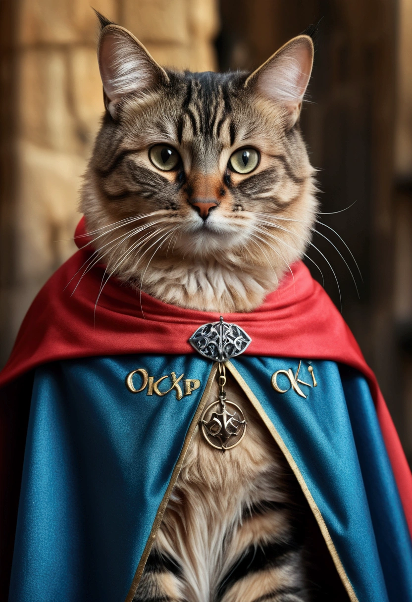 (best quality, 4K , 8k , A high resolution written) ultra detail, medieval fantasy background, (Realistic, photorrealistic, photo-realistic:1.37), cat, wearing cape, (written "OCKSYI" in the cape)