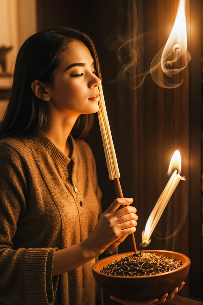 Woman who really likes incense and incense 