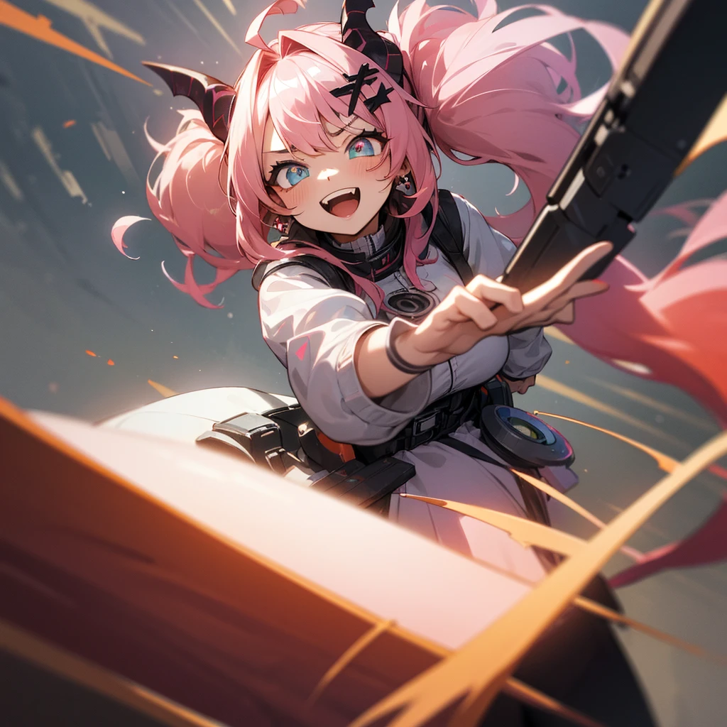(((Masterpiece, highest quality, high definition, high detail)))), 1girl, futuristic, Solo, Twintails, Pink Hair, Shiny Hair, Streaked Hair, Wavy Hair, Messy Hair, Huge Ahoge, Heart Ahoge, Expressive Hair, Heart Earrings, Heterochromia, Bright Pupils, Spiral Eyes, Laughing, Evil Smile, Open Mouth, Smile, Smug, Mismatched Pupils, Crazy, Excited, Dutch Angle, Far away shot, Demon Horns, Goggles On Head, X Hair Ornament, Glitch effect