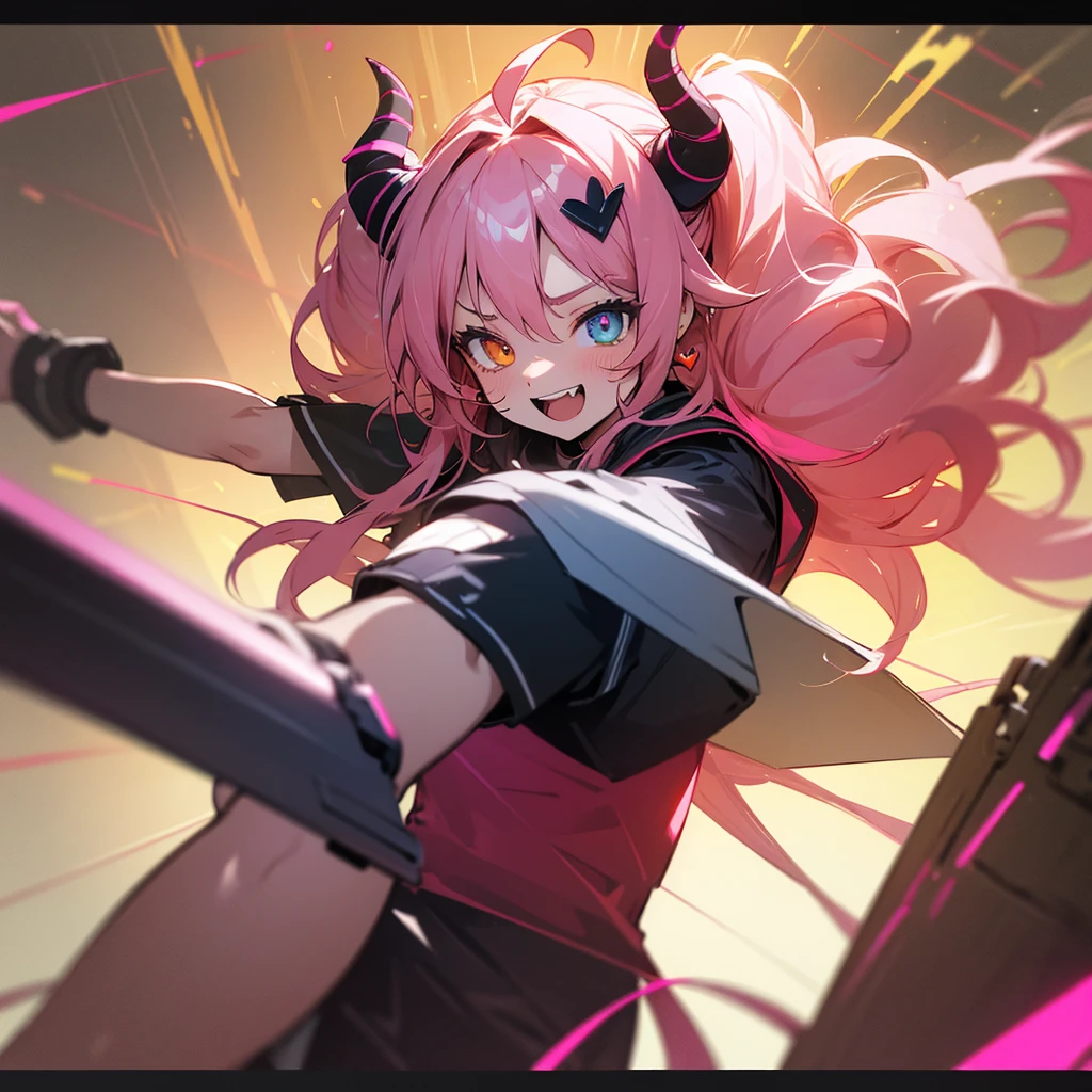 (((Masterpiece, highest quality, high definition, high detail)))), 1girl, futuristic, Solo, Twintails, Pink Hair, Shiny Hair, Streaked Hair, Wavy Hair, Messy Hair, Huge Ahoge, Heart Ahoge, Expressive Hair, Heart Earrings, Heterochromia, Bright Pupils, Spiral Eyes, Laughing, Evil Smile, Open Mouth, Smile, Smug, Mismatched Pupils, Crazy, Excited, Dutch Angle, Far away shot, Demon Horns, Goggles On Head, X Hair Ornament, Glitch effect