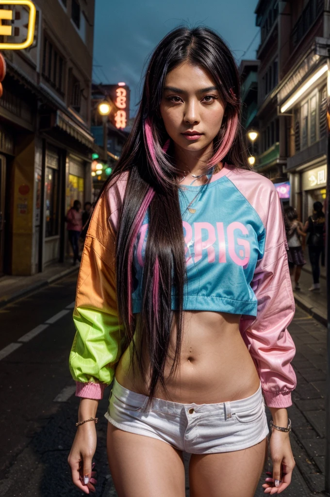 [[((young attractive Singaporean woman with strong Chinese Asian influence, a brown tanned complexion, long straight dark black hair dyed in multiple colors with blue and pink highlights, striking almond-shaped dark brown eyes, and a  frame:1.6)), ((Sophie Tan:1.5)), posing with her colorful hair styled in twin tails, accessorized with bright hair clips and large hoop earrings. She is wearing ((a vibrant, eclectic outfit with neon elements:1.4)). The background features a bustling city street. The scene is captured with a ((full-frame DSLR:1.4)) using a ((50mm prime lens:1.4)) to keep Sophie in sharp focus while slightly blurring the background. Professional lighting enhances her natural features and the colorful accessories. The image should be in ((8K resolution:1.5)) with ((hyper-realistic detail:1.6)). The focus is on Sophie’s vibrant hair and accessories, creating a fun and lively urban look.]]