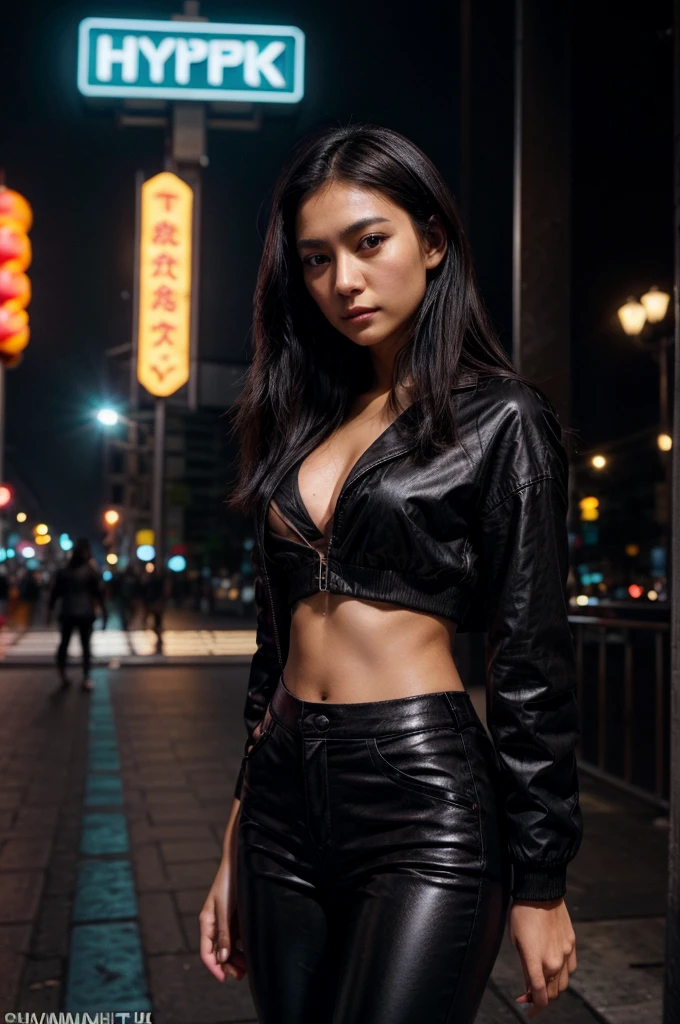 [[((young attractive Singaporean woman with strong Chinese Asian influence, a brown tanned complexion, long straight dark black hair, striking almond-shaped dark brown eyes, and a  frame:1.6)), ((Sophie Tan:1.5)), standing confidently in a busy city street at night, illuminated by colorful neon lights. She is wearing ((a stylish floral jacket over a black top, paired with sleek black pants:1.4)). The background features vibrant city lights and a lively atmosphere. The scene is captured with a ((full-frame DSLR:1.4)) using a ((85mm prime lens:1.4)) to keep Sophie in sharp focus while slightly blurring the background. Professional lighting enhances her natural features and the glowing city lights. The image should be in ((8K resolution:1.5)) with ((hyper-realistic detail:1.6)). The focus is on Sophie’s fashionable outfit and the captivating neon-lit background.]]