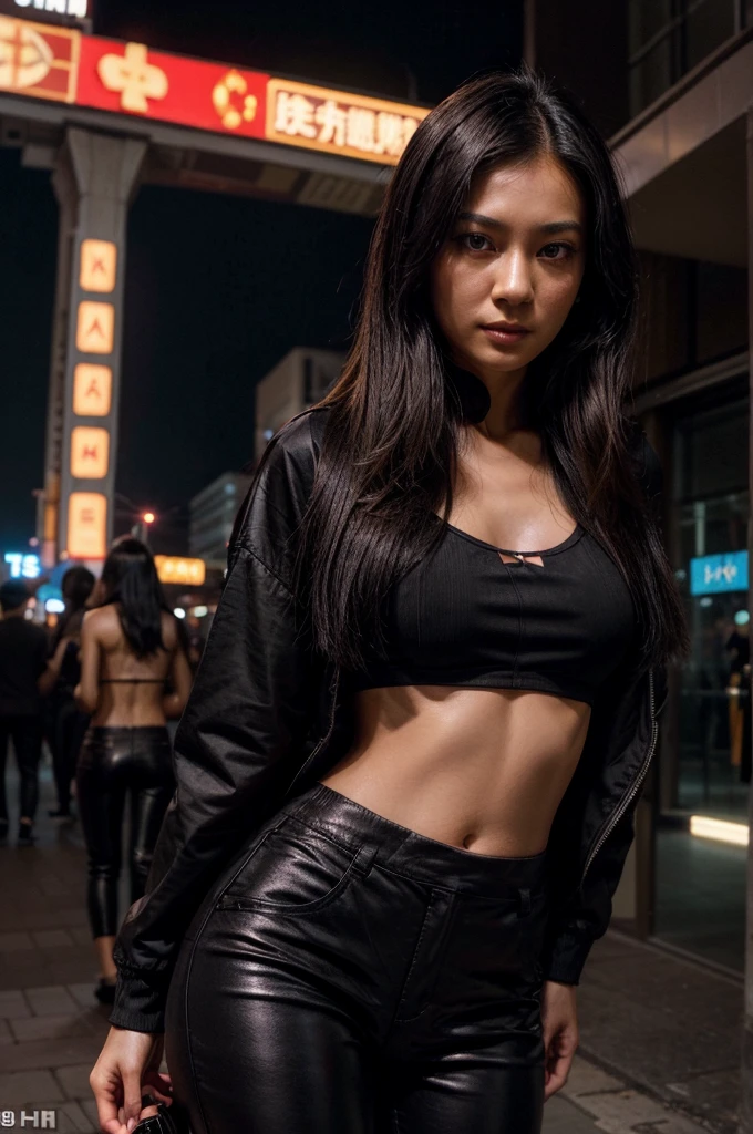 [[((young attractive Singaporean woman with strong Chinese Asian influence, a brown tanned complexion, long straight dark black hair, striking almond-shaped dark brown eyes, and a  frame:1.6)), ((Sophie Tan:1.5)), standing confidently in a busy city street at night, illuminated by colorful neon lights. She is wearing ((a stylish floral jacket over a black top, paired with sleek black pants:1.4)). The background features vibrant city lights and a lively atmosphere. The scene is captured with a ((full-frame DSLR:1.4)) using a ((85mm prime lens:1.4)) to keep Sophie in sharp focus while slightly blurring the background. Professional lighting enhances her natural features and the glowing city lights. The image should be in ((8K resolution:1.5)) with ((hyper-realistic detail:1.6)). The focus is on Sophie’s fashionable outfit and the captivating neon-lit background.]]