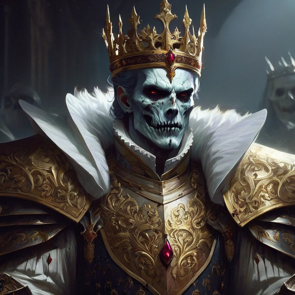 medieval portrait of the zombie king, white royal clothes, armors, undead, fancy, trends on ArtStation, art by Mike Azevedo and Alex Negrea