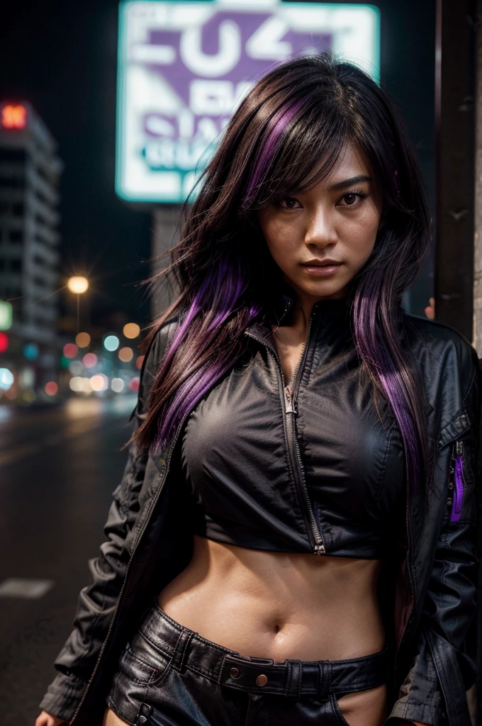 [[((young attractive Singaporean woman with strong Chinese Asian influence, a brown tanned complexion, long straight dark black hair with purple highlights, striking almond-shaped dark brown eyes, and a  frame:1.6)), ((Sophie Tan:1.5)), posing confidently in an urban setting with neon lights. She is wearing ((a crop top with buckles, high-waisted shorts with multiple zippers, and a black jacket draped over her shoulders:1.4)). The background features a modern cityscape with neon signs. The scene is captured with a ((full-frame DSLR:1.4)) using a ((24-70mm zoom lens:1.4)) to keep Sophie in sharp focus while slightly blurring the background. Professional lighting enhances her natural features and the striking neon lights. The image should be in ((8K resolution:1.5)) with ((hyper-realistic detail:1.6)). The focus is on Sophie’s edgy street fashion and the vibrant neon lights.]]