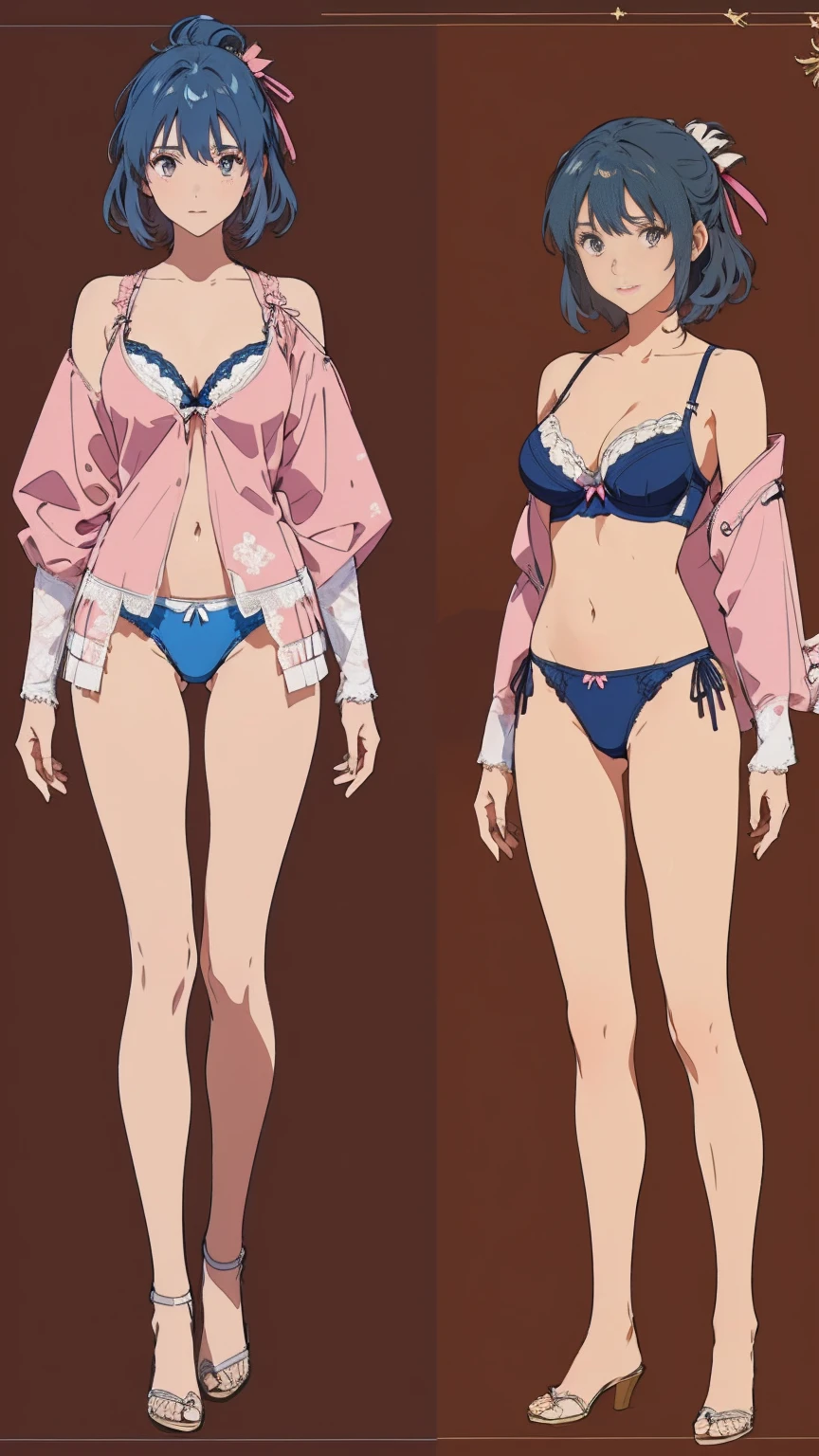 ((masterpiece)), (((Highest quality))), ((Reference Sheet, Character Design)), Highest quality, masterpiece, Ultra-high resolution, Original photo, Ultra-high resolution, Three female, RIXIA_MAO, navy blue hair, Big smile, Wearing a white and pink lace bra, Wearing white and pink lace , (elaborately designed luxury pantiesults, panties high don images, draw panties with super pr), (((threads of the seams for panties crotch is visible)))h of panties is visible