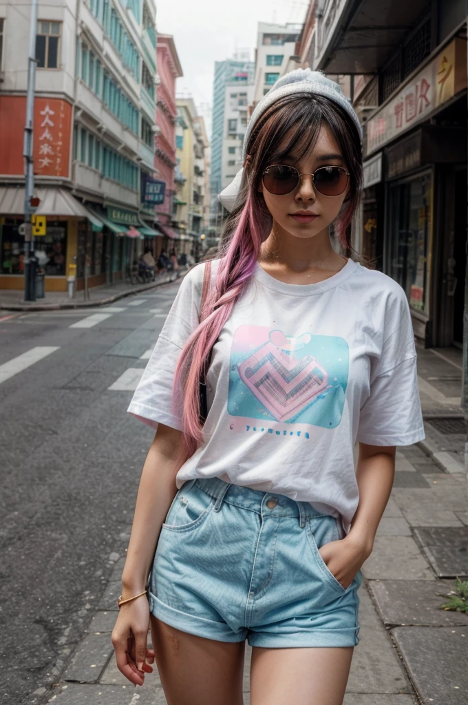 [[((young attractive Singaporean woman with strong Chinese Asian influence, a brown tanned complexion, long straight dark black hair with pastel blue and pink highlights, striking almond-shaped dark brown eyes, and a  frame:1.6)), ((Sophie Tan:1.5)), standing confidently in a busy street wearing ((a colorful, kawaii-style outfit with a graphic oversized t-shirt, a beanie, and white sunglasses:1.4)). The background features an urban environment with a playful and lively atmosphere. The scene is captured with a ((full-frame DSLR:1.4)) using a ((50mm prime lens:1.4)) to keep Sophie in sharp focus while slightly blurring the background. Professional lighting enhances her natural features and the colorful outfit. The image should be in ((8K resolution:1.5)) with ((hyper-realistic detail:1.6)). The focus is on Sophie’s kawaii fashion and the energetic urban backdrop.]]