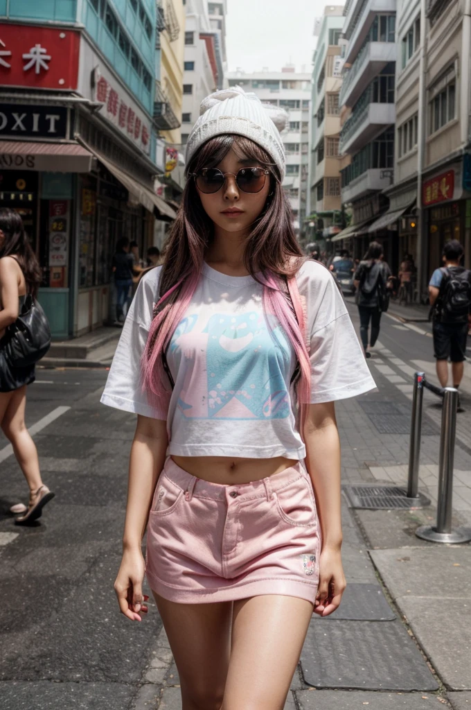 [[((young attractive Singaporean woman with strong Chinese Asian influence, a brown tanned complexion, long straight dark black hair with pastel blue and pink highlights, striking almond-shaped dark brown eyes, and a  frame:1.6)), ((Sophie Tan:1.5)), standing confidently in a busy street wearing ((a colorful, kawaii-style outfit with a graphic oversized t-shirt, a beanie, and white sunglasses:1.4)). The background features an urban environment with a playful and lively atmosphere. The scene is captured with a ((full-frame DSLR:1.4)) using a ((50mm prime lens:1.4)) to keep Sophie in sharp focus while slightly blurring the background. Professional lighting enhances her natural features and the colorful outfit. The image should be in ((8K resolution:1.5)) with ((hyper-realistic detail:1.6)). The focus is on Sophie’s kawaii fashion and the energetic urban backdrop.]]