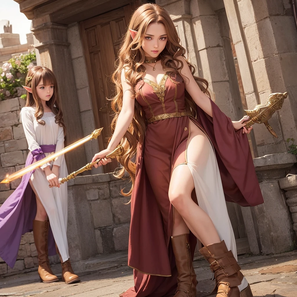 create for me the image of an elf with brown hair and honey-colored locks, She wears a simple marsala-colored dress, wears comfortable boots and accessories in her curly hair, also has a magic scepter, your lilac and honey eyes, She has to appear older with a tall stature, your scepter has to look threatening, make her have a serious face