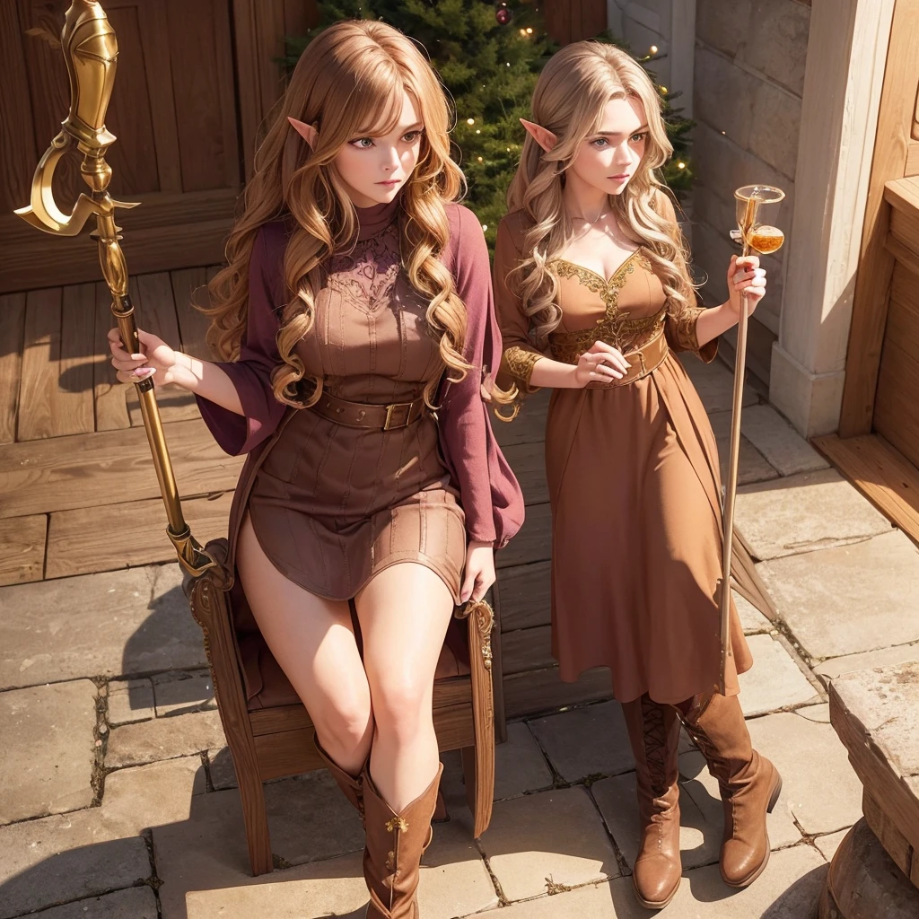 create for me the image of an elf with brown hair and honey-colored locks, She wears a simple marsala-colored dress, wears comfortable boots and accessories in her curly hair, also has a magic scepter, your lilac and honey eyes, She has to appear older with a tall stature, your scepter has to look threatening, make her have a serious face