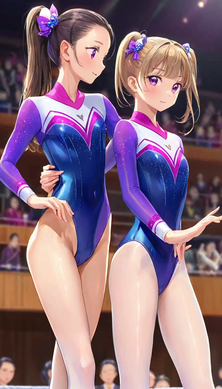 expensivequality illustration, masterpiece, Very delicate and beautiful, Attractive girl,(Gymnastics leotard,Tight leotard,length_Leotard with sleeves,expensive_Leg leotard,athletic leotard),Purple ears,Short here, Audience reaction,thin,Slender body,slim,expensive school,Gym,Gymnastics Club,2 girls,