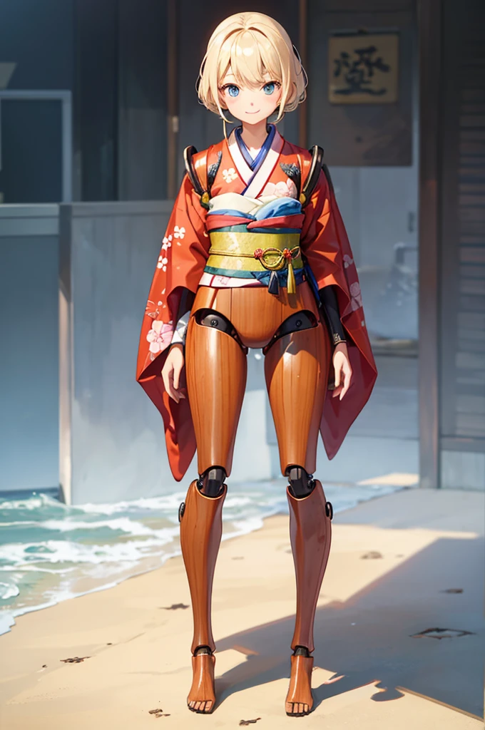 Wooden Humanoid Robot,Wood grain body,Made to resemble a young girl,wear the kimono,Young,An innocent smile