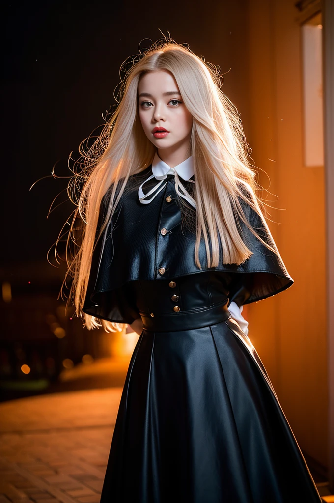 RAW Photos, Full Sharp, (Full HD Epic Wallpaper) 8K Ultra HD, Digital SLR, Soft lighting, high quality, Film Grain, Fujifilm XT3, Hello, (1 person, daughter:1.2),night，Focus on the upper thighs, Broken glass effect, Bright yellow flame, Mysterious Spark, Fragile, Red eyes, (Long white hair),Wind，Flapping head， Shaved head, Style - Gravity Magic, Looking down, alone, , Detailed Background, Detailed face, Pale complexion,((Gorgeous Lolita outfit)), Black Cape, Cape, Food, malevolent expression, The scarlet symbol spins in the air,(Floating fire particles, Particle Effects), Skylight color scheme, ( Giant Red Explosion Flame), In the background, Enveloped in a deep red mist, sunset, Symmetrical Configuration, Spectacular atmosphere,(Smokey)，
