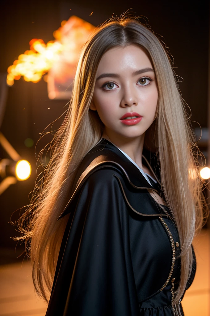 RAW Photos, Full Sharp, (Full HD Epic Wallpaper) 8K Ultra HD, Digital SLR, Soft lighting, high quality, Film Grain, Fujifilm XT3, Hello, (1 person, daughter:1.2),night,Focus on the upper thighs, Broken glass effect, Bright yellow flame, Mysterious Spark, Fragile, Red eyes, (Long white hair),Wind,Flapping head, Shaved head, Style - Gravity Magic, Looking down, alone, , Detailed Background, Detailed face, Pale complexion,((Gorgeous Lolita outfit)), Black Cape, Cape, Food, malevolent expression, The scarlet symbol spins in the air,(Floating fire particles, Particle Effects), Skylight color scheme, ( Giant Red Explosion Flame), In the background, Enveloped in a deep red mist, sunset, Symmetrical Configuration, Spectacular atmosphere,(Smokey),
