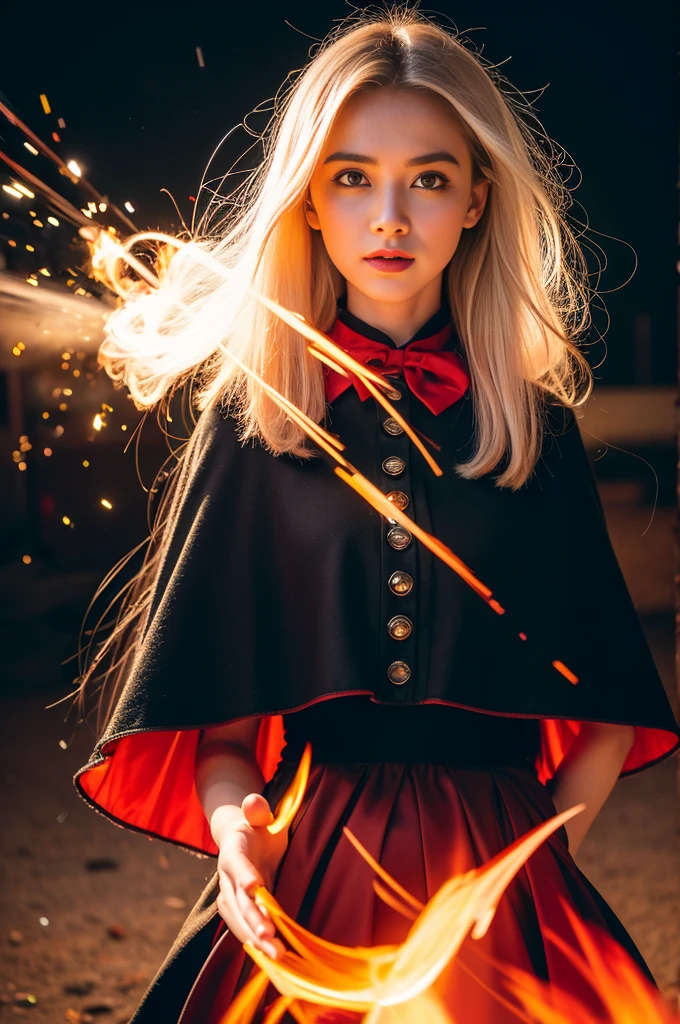 RAW Photos, Full Sharp, (Full HD Epic Wallpaper) 8K Ultra HD, Digital SLR, Soft lighting, high quality, Film Grain, Fujifilm XT3, Hello, (1 person, daughter:1.2),night,Focus on the upper thighs, Broken glass effect, Bright yellow flame, Mysterious Spark, Fragile, Red eyes, (Long white hair),Wind,Flapping head, Shaved head, Style - Gravity Magic, Looking down, alone, , Detailed Background, Detailed face, Pale complexion,((Gorgeous Lolita outfit)), Black Cape, Cape, Food, malevolent expression, The scarlet symbol spins in the air,(Floating fire particles, Particle Effects), Skylight color scheme, ( Giant Red Explosion Flame), In the background, Enveloped in a deep red mist, sunset, Symmetrical Configuration, Spectacular atmosphere,(Smokey),