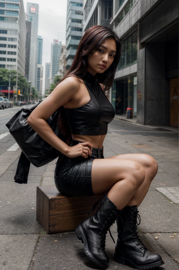 [[((young attractive Singaporean woman with strong Chinese Asian influence, a brown tanned complexion, long straight dark black hair with red highlights, striking almond-shaped dark brown eyes, and a  frame:1.6)), ((Sophie Tan:1.5)), posing confidently in a sleek, modern urban setting. She is wearing ((a black crop top with straps, high-waisted denim shorts with frayed edges, and black combat boots:1.4)). The background features a minimalist urban architecture. The scene is captured with a ((full-frame DSLR:1.4)) using a ((24-70mm zoom lens:1.4)) to keep Sophie in sharp focus while slightly blurring the background. Professional lighting enhances her natural features and the edgy outfit. The image should be in ((8K resolution:1.5)) with ((hyper-realistic detail:1.6)). The focus is on Sophie’s trendy street style and the sleek urban setting.]]