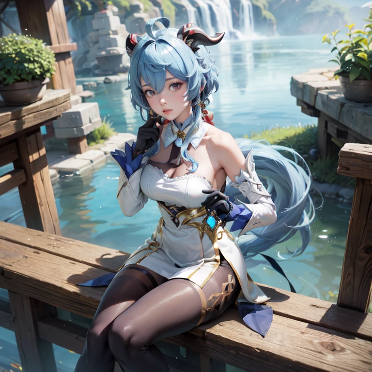1girl, maid dress, jewelry, blue hair, flowing hair, long hair, white roses, red horns, firefly, oriental architecture, chinese maid dress with a short skirt and layers, frills, white laces, dress with transparency, gold details on her clothes, lake, seat on the water, a garden with lake scenery, more details, perfectly body, perfectly hands, two hands, two legs, two arms, five fingers, glowing hair, solo, alone, best quality, alone, chinesevmaid headdress, choker, detached sleeves, maid dress, strapless, masterpiece, best quality, detailed face, night, asymmetrical gloves, bangs, short skirt , gloves, boots, earrings, elbow gloves, fishnet thigh highs, fish masterpiece, solo, best quality, detailed face, gloves, hair between eyes, jewelry, long hair, looking at viewer, single earring, sky, solo, thigh boots, thigh highs, uneven gloves, sitting
