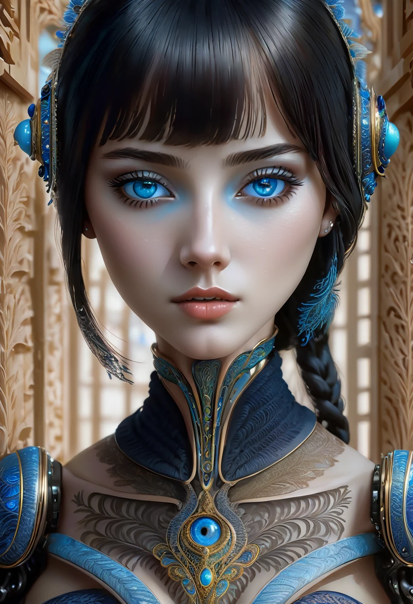 a girl with blue eyes, black hair, bangs, walking in an inverted world, beautiful detailed eyes, beautiful detailed lips, extremely detailed eyes and face, long eyelashes, intricate details, fine details, cinematic lighting, dramatic lighting, vibrant colors, color harmony, rich textures, surreal, fantastical, dreamlike, magical realism, fantasy, digital art, 8k, highly detailed, photorealistic