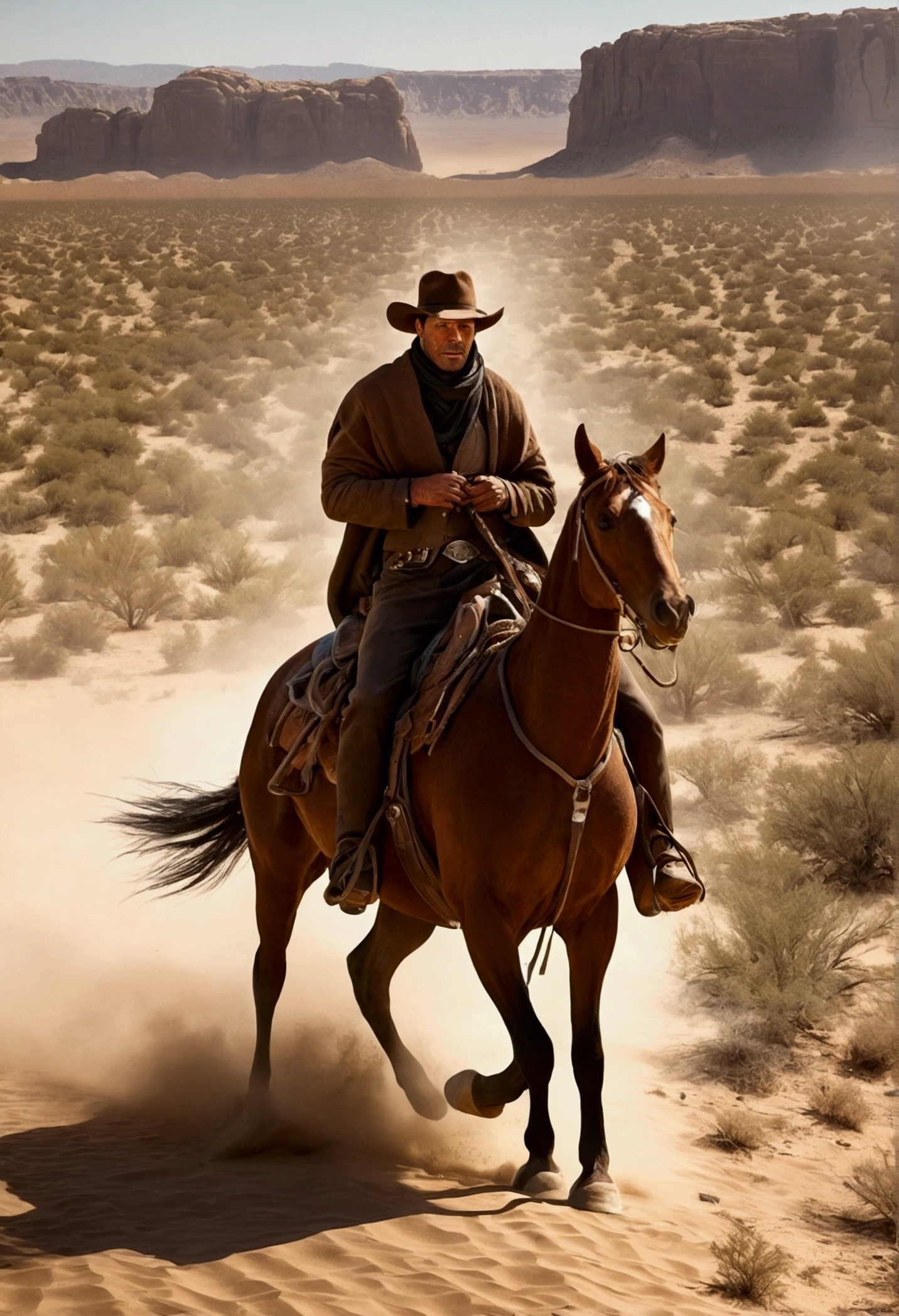 Man Riding in the Desert with His Horse While Escaping a Gang of Thieves Who Are Riding Behind Them, Epic, Western