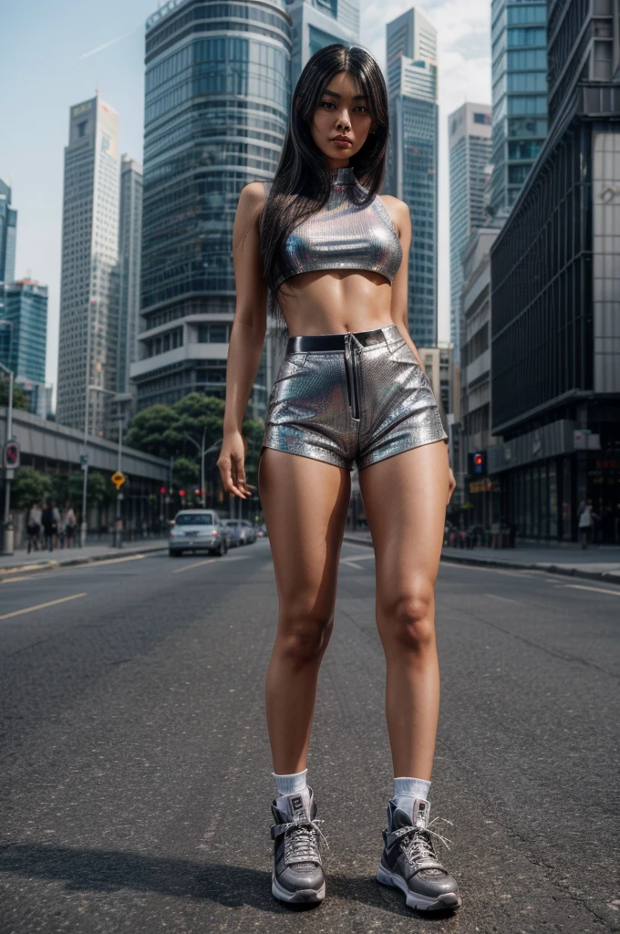 [[((young attractive Singaporean woman with strong Chinese Asian influence, a brown tanned complexion, long straight dark black hair with silver streaks, striking almond-shaped dark brown eyes, and a  frame:1.6)), ((Sophie Tan:1.5)), standing confidently in a futuristic cityscape. She is wearing ((a high-tech streetwear outfit with a metallic crop top, holographic shorts, and high-top sneakers:1.4)). The background features a futuristic urban environment with holographic billboards. The scene is captured with a ((full-frame DSLR:1.4)) using a ((50mm prime lens:1.4)) to keep Sophie in sharp focus while slightly blurring the background. Professional lighting enhances her natural features and the high-tech outfit. The image should be in ((8K resolution:1.5)) with ((hyper-realistic detail:1.6)). The focus is on Sophie’s futuristic fashion and the advanced cityscape.]]