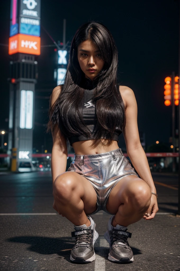 [[((young attractive Singaporean woman with strong Chinese Asian influence, a brown tanned complexion, long straight dark black hair with silver streaks, striking almond-shaped dark brown eyes, and a  frame:1.6)), ((Sophie Tan:1.5)), standing confidently in a futuristic cityscape. She is wearing ((a high-tech streetwear outfit with a metallic crop top, holographic shorts, and high-top sneakers:1.4)). The background features a futuristic urban environment with holographic billboards. The scene is captured with a ((full-frame DSLR:1.4)) using a ((50mm prime lens:1.4)) to keep Sophie in sharp focus while slightly blurring the background. Professional lighting enhances her natural features and the high-tech outfit. The image should be in ((8K resolution:1.5)) with ((hyper-realistic detail:1.6)). The focus is on Sophie’s futuristic fashion and the advanced cityscape.]]