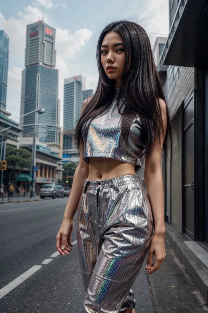 [[((young attractive Singaporean woman with strong Chinese Asian influence, a brown tanned complexion, long straight dark black hair with silver streaks, striking almond-shaped dark brown eyes, and a  frame:1.6)), ((Sophie Tan:1.5)), standing confidently in a futuristic cityscape. She is wearing ((a high-tech streetwear outfit with a metallic crop top, holographic shorts, and high-top sneakers:1.4)). The background features a futuristic urban environment with holographic billboards. The scene is captured with a ((full-frame DSLR:1.4)) using a ((50mm prime lens:1.4)) to keep Sophie in sharp focus while slightly blurring the background. Professional lighting enhances her natural features and the high-tech outfit. The image should be in ((8K resolution:1.5)) with ((hyper-realistic detail:1.6)). The focus is on Sophie’s futuristic fashion and the advanced cityscape.]]