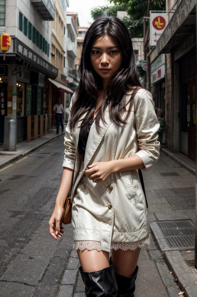 [[((young attractive Singaporean woman with strong Chinese Asian influence, a brown tanned complexion, long straight dark black hair, striking almond-shaped dark brown eyes, and a  frame:1.6)), ((Sophie Tan:1.5)), standing confidently in a casual yet chic street outfit. She is wearing ((a white lace dress, a light denim jacket, and black ankle boots:1.4)). The background features a quiet city street with subtle urban elements. The scene is captured with a ((full-frame DSLR:1.4)) using a ((85mm prime lens:1.4)) to keep Sophie in sharp focus while slightly blurring the background. Professional lighting enhances her natural features and the casual chic outfit. The image should be in ((8K resolution:1.5)) with ((hyper-realistic detail:1.6)). The focus is on Sophie’s elegant street style and the serene urban setting.]]