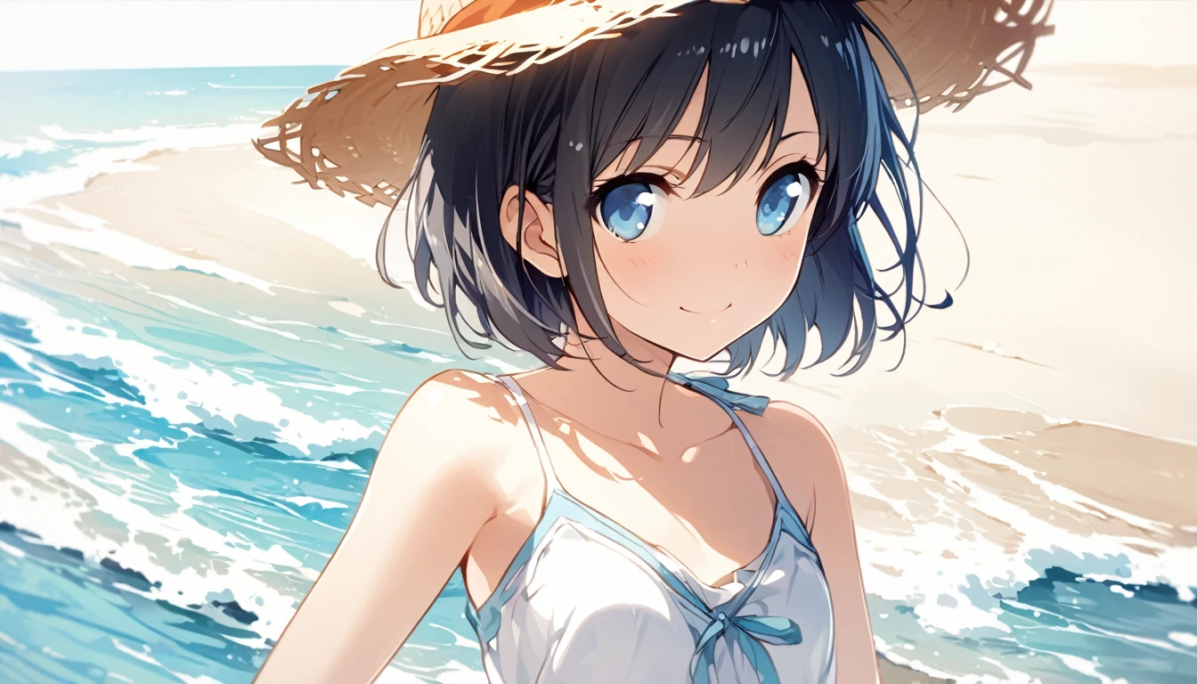 1 girl, short black hair, blue eyes, small chest, wearing a white bikini, wearing a yelow beach hat, beach, ultrasharp, 8k, masterpiece