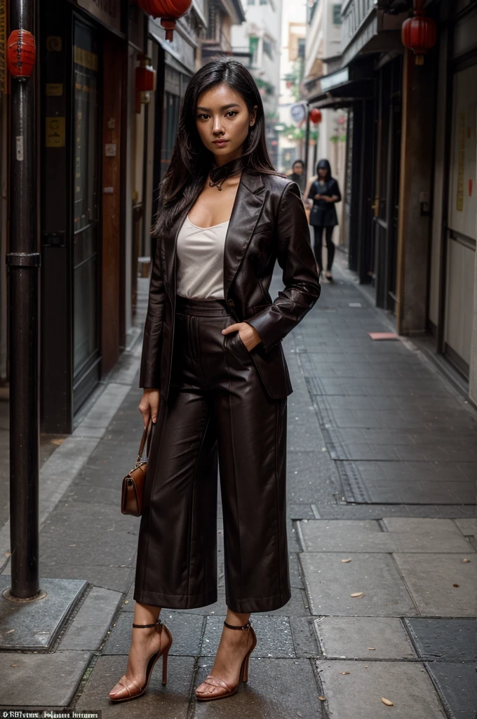[[((young attractive Singaporean woman with strong Chinese Asian influence, a brown tanned complexion, long straight dark black hair, striking almond-shaped dark brown eyes, and a  frame:1.6)), ((Sophie Tan:1.5)), standing confidently in a high fashion street outfit. She is wearing ((a tailored blazer, fitted trousers, and high heels:1.4)). The background features a chic urban environment. The scene is captured with a ((full-frame DSLR:1.4)) using a ((50mm prime lens:1.4)) to keep Sophie in sharp focus while slightly blurring the background. Professional lighting enhances her natural features