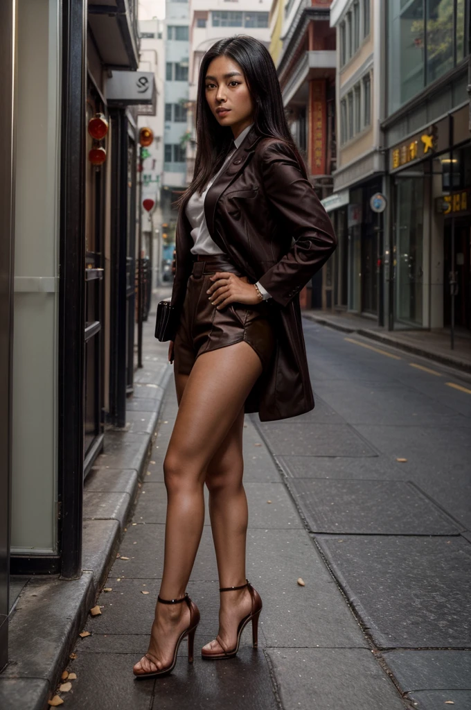 [[((young attractive Singaporean woman with strong Chinese Asian influence, a brown tanned complexion, long straight dark black hair, striking almond-shaped dark brown eyes, and a frame:1.6)), ((Sophie Tan:1.5)), standing confidently in a high fashion street outfit. She is wearing ((a tailored blazer, fitted trousers, and high heels:1.4)). The background features a chic urban environment. The scene is captured with a ((full-frame DSLR:1.4)) using a ((50mm prime lens:1.4)) to keep Sophie in sharp focus while slightly blurring the background. Professional lighting enhances her natural features