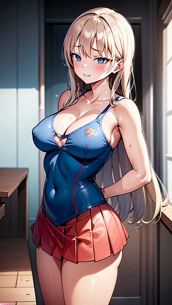 ((Best quality, Masterpiece, Nonsense)),1girll:1.9, Sexy, ( , Expressive blue eyes, shoulder-length blonde hair, Long hair,Loose and fluffy hair),Dressed Supergirl cosplay (Super Girl Suite custom role-playing), Shortest red skirt,eechi, Terrace in 1 building, supergirl, cleavage, tiny thong, t back, g string, big tits, big butt, tiny top suit, sexy hero pose, hard niples, sweaty skin, side boob, super girl logo in the chest
