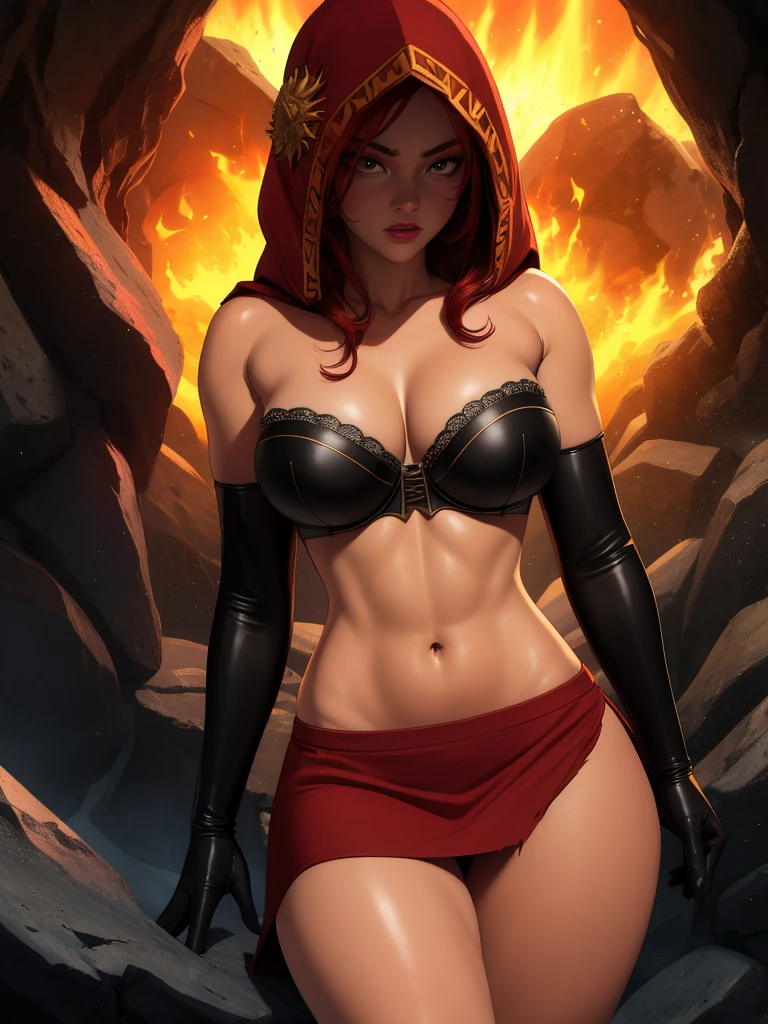 Dsorceress, redhair, shadowy face,dark cave, fire, hood, shadowed face, strapless bra, slim and athletic body, miniskirt, no panty, elbow gloves, dark skin, 1 girl (insanely detailed, masterpiece, best quality)
