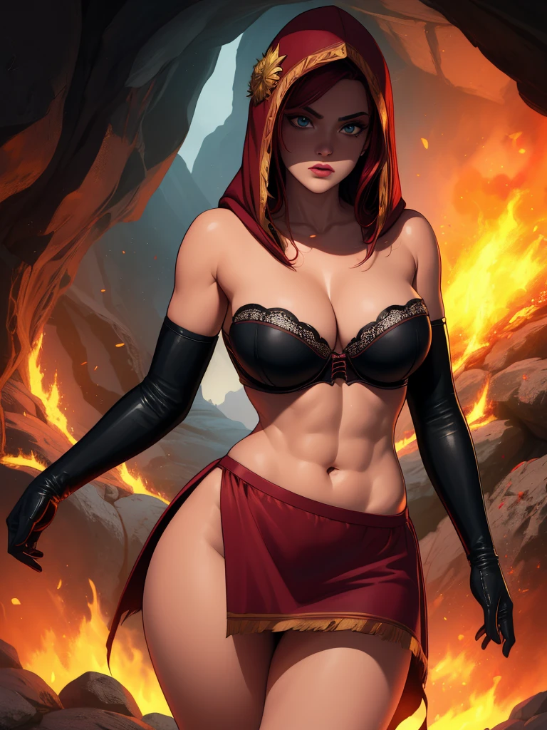 Dsorceress, redhair, shadowy face,dark cave, fire, hood, shadowed face, strapless bra, slim and athletic body, miniskirt, no panty, elbow gloves, dark skin, 1 girl (insanely detailed, masterpiece, best quality)
