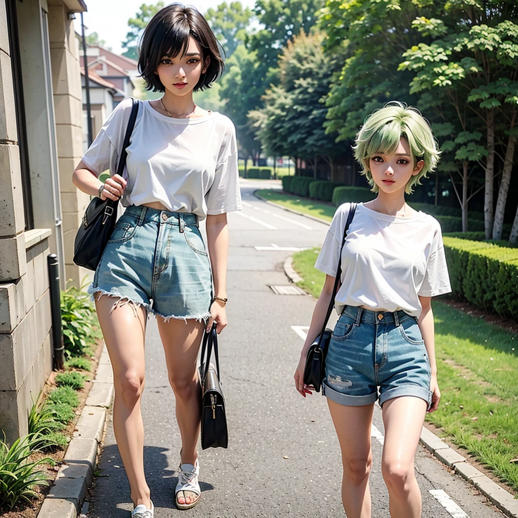 Kizi, short green hair, baggy shorts, white blouse