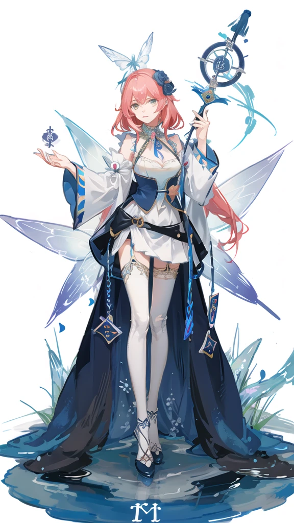 (Golden Ratio:1.2),(rose graffiti:1.2),(fault color:1.3),[(white background:1.4)::10], (full body:1.2),(ultra-detailed:1.3),(tarot:1.6),(the magician (tarot):1.6),

(paper:1.2),(fairy:1.6),(fairy wings:1.2),full body, standing in the air,(cool:1.2),(red long hair),(butterfly hair ornaments),(flower hair ornaments:1.0),((sandal,Locket)),(colorful cocktail long dress:1.0)+(Loose sleeves coat :1.3)+(floting colorful tassel and ribbon :1.2),(White stockings:1.2),

(colorful ink paper flower grow on the face:1.2),(colorful flower sea:1.3),

(chaotic geometric images:1.3),(nagative space:0.8),(drawing board:1.3),

(ether colorful ink flowing:1.3)