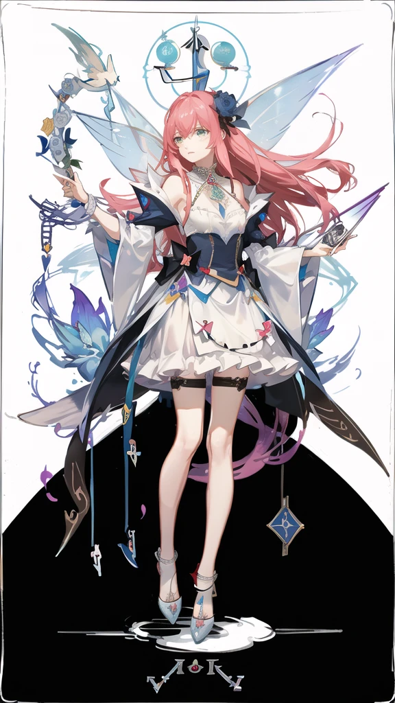 (Golden Ratio:1.2),(rose graffiti:1.2),(fault color:1.3),[(white background:1.4)::10], (full body:1.2),(ultra-detailed:1.3),(tarot:1.6),(the magician (tarot):1.6),

(paper:1.2),(fairy:1.6),(fairy wings:1.2),full body, standing in the air,(cool:1.2),(red long hair),(butterfly hair ornaments),(flower hair ornaments:1.0),((sandal,Locket)),(colorful cocktail long dress:1.0)+(Loose sleeves coat :1.3)+(floting colorful tassel and ribbon :1.2),(White stockings:1.2),

(colorful ink paper flower grow on the face:1.2),(colorful flower sea:1.3),

(chaotic geometric images:1.3),(nagative space:0.8),(drawing board:1.3),

(ether colorful ink flowing:1.3)