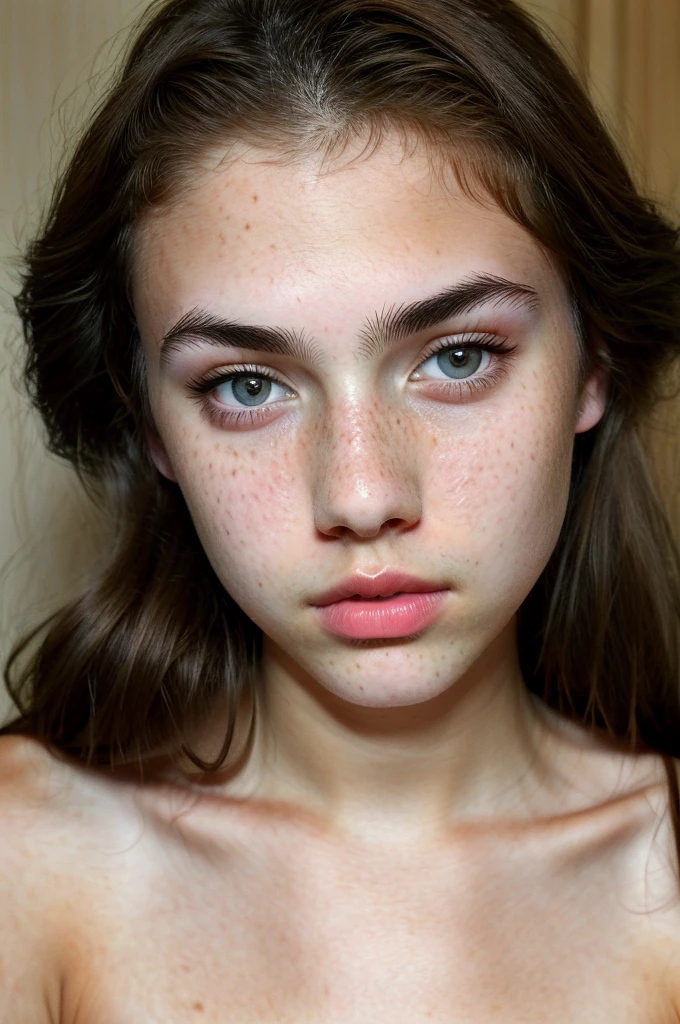really pretty 18 years old girl. Brown hair. Innocent face. Straight looking to the camera. Facing the camera. Light brown eyes. Freckles. Unique face. Thin face. Beautiful eyes. Big eyebrows. Pretty filled lips. Thin nose