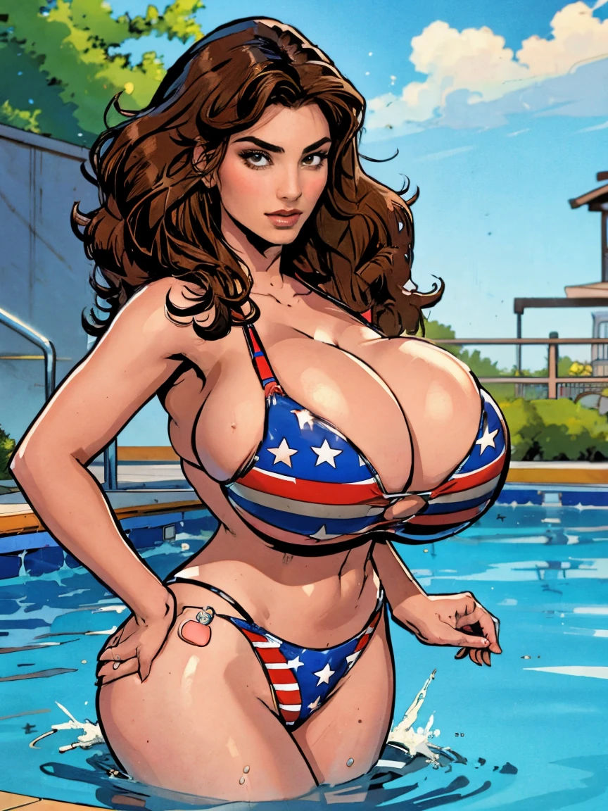Gorgeous and sultry busty athletic (thin) smirking brunette with sharp facial features and a (big hair) and (huge boobs) wearing a star-spangled bikini, Americana, swimming pool.