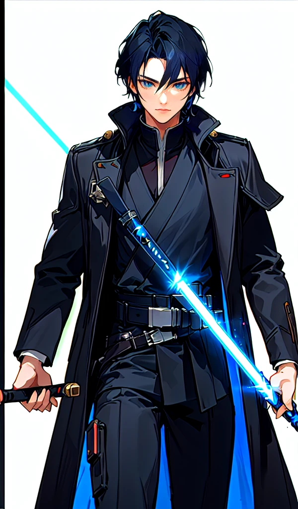 blurred image of a man in a black coat and a sword, 16 yrs old,  jacen solo, dark black hair,  inspired by Han Gan, blue colored eyes, he has big knives on his belt, vergilio, skinny male fantasy scientist, lime lasted lightsaber wallpaper, Anakin Skywalker, vergilio from devil may cry, style of starfinder, star character, slim male fantasy alchemist